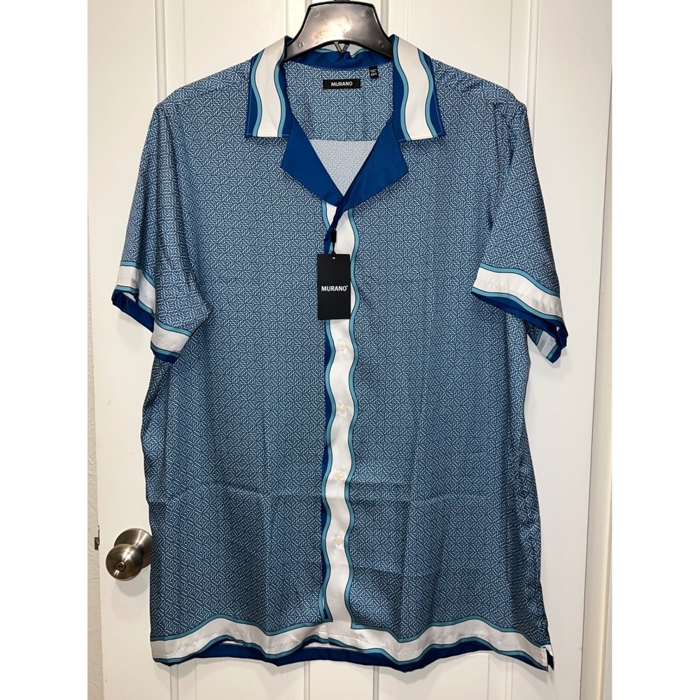 NWT Murano Mens Short Sleeve Button Up Shirt Blue Geometric Wave Print 2XT